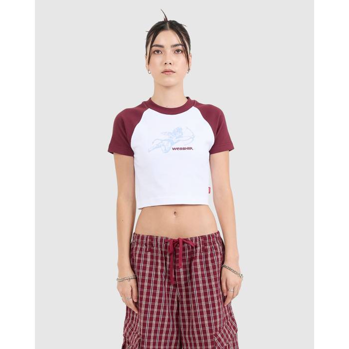 Worship 【 Womens Cherub Raglan Micro T-Shirt Womens Red 】 レディース Raglan ラグラン Micro ミクロ Tシャツ レディース Red 赤・レッド