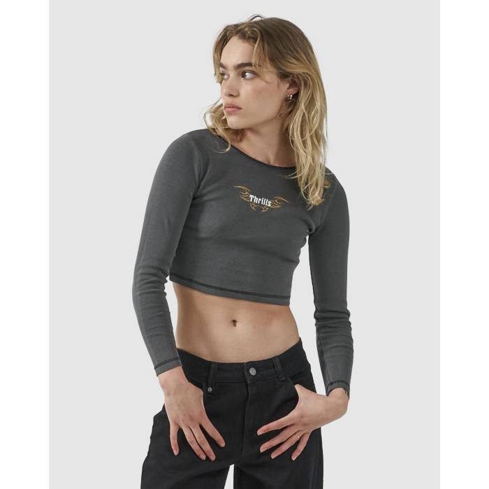 Thrills 【 Womens Golden Wings Long Sleeve Baby T-Shirt Womens Merch Black 】 レディース Sleeve スリーブ Tシャツ レディース 黒色 ブラック