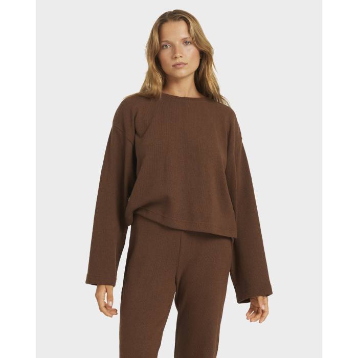 ロキシー Roxy 【 Womens Stay Cozy Knit Crew Womens Fondue Fudge 】 レディース 編み物 労働者の一団 レディース スウェット・トレーナー-トップス