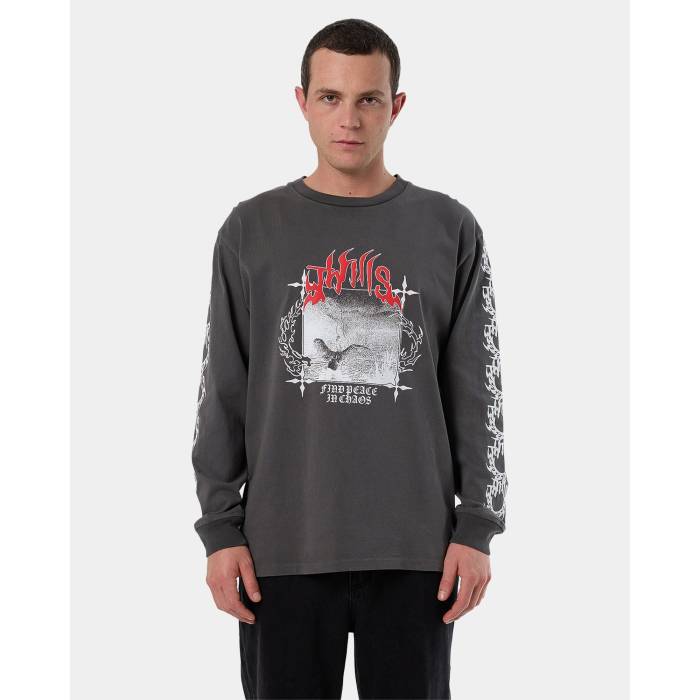 Thrills 【 Mens Peaceful Chaos Oversize Long Sleeve T-Shirt Mens Merch Black 】 メンズ Sleeve スリーブ Tシャツ メンズ 黒色 ブラック