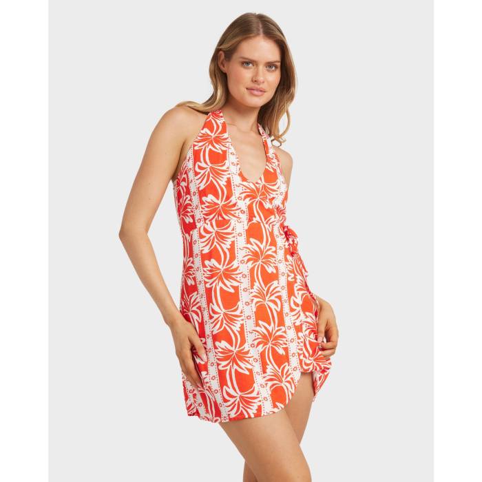 【★百貨店SALE★6/11真夜中2時迄】散らし広告ボン Billabong 【 Womens Row Of Palms Halter Dress Womens Red Aloha 】 レディース 御召しもの レディース Red 赤・赤いこと アロハ