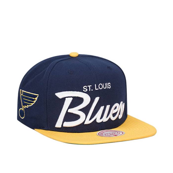ミッチェルアンドネス Mitchell &Amp; Ness 【 St. Louis Blues Vintage Script Snapback Hat Men Navy 】 ブルース vintage ビンテージ・ヴィンテージ スクリプト Snapback スナップバック バッグ メンズ 紺色 ネイビ