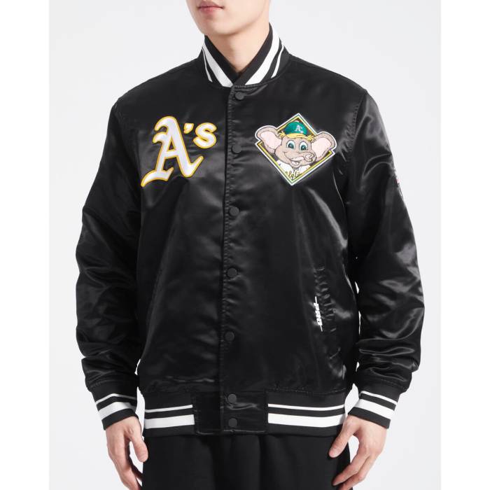プロスタンダード Pro Standard 【 Black Oakland Athletics Logo Mascot Satin Jacket Unisex 】 黒色 ブラック オークランド アスレチックス ロゴ サテン Jacket ジャケット ユニセックス｜スニケス
