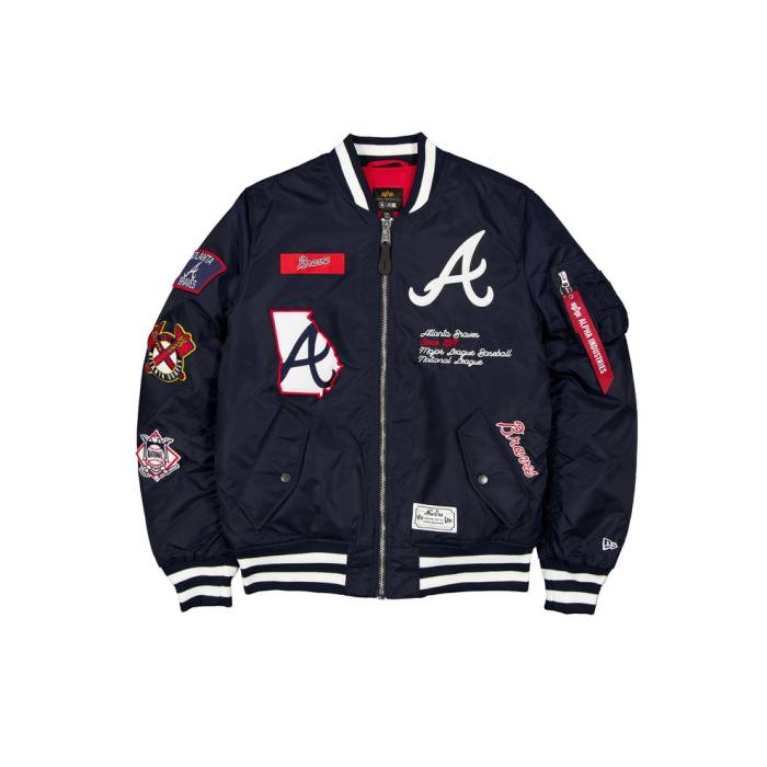 アルファインダストリーズ Alpha Industries 【 Navy Blue Atlanta Braves Ma-1 New Era Bomber Jacket Unisex 】 紺色 ネイビー 青色 ブルー アトランタ ブレーブス Jacket ジャケット ユニセックス｜スニケス