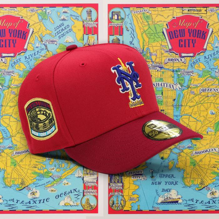 ニューエラ New Era 【 New York Mets 1969 World Series Welcome To New York Map Of Nyc Fitted Cap Unisex Tudor Red / Russet Sunset / Ink Blue / Hay 】 メッツ シリーズ キャップ 帽子 ユニセックス Red 赤・レッド 青色 ブルー｜スニケス