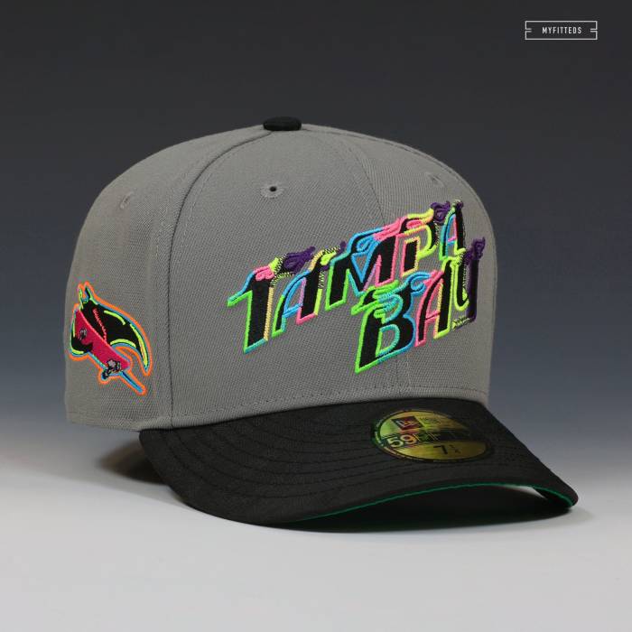 ニューエラ New Era 【 Tampa Bay Rays City Connect Black Light Inspired Fitted Cap Unisex Wolf Storm Gray / Jet Black / Neon 】 レイズ シティ 黒色 ブラック キャップ 帽子 ユニセックス gray 灰色・グレー・グレイ 黒｜スニケス