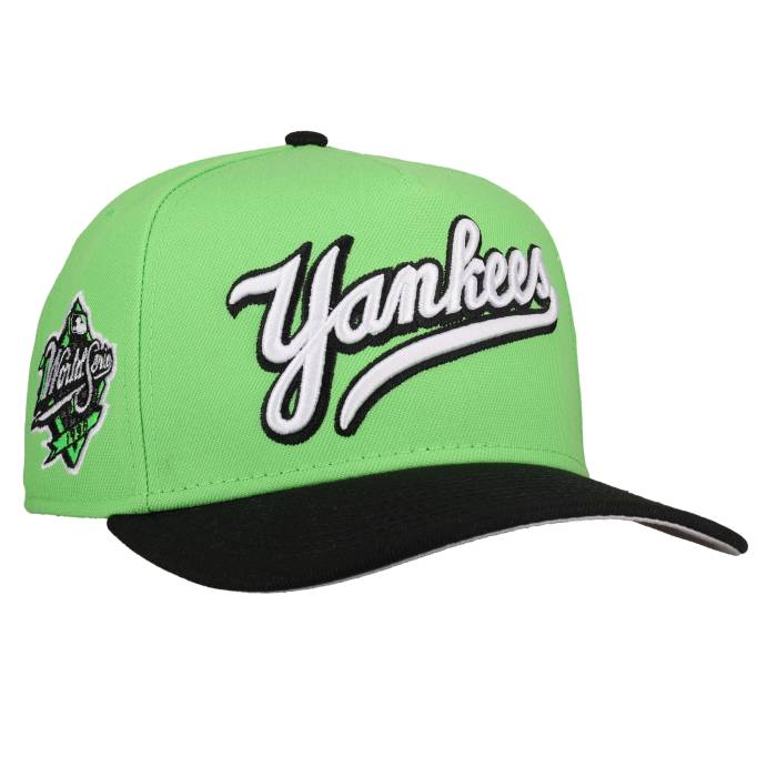 Newera 【 New York Yankees 1998 World Series Script Lime Green 9Fifty A Frame Snapback Hat Unisex 】 ヤンキース シリーズ スクリプト ライム green 緑・グリーン Snapback スナップバック バッグ ユニセックス｜スニケス