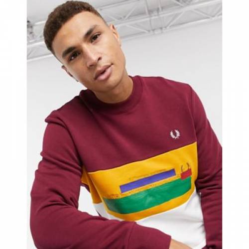 フレッドペリー Fred Perry 汗 葡萄酒風情 バーガンディー Sweat Fred Perry Faded Emboss Colourblock In Burgundy Tawny Port メンズ流行り物 トップス スウェット トレーナー ファッションブランド 心安い ファッション Ficap Fr