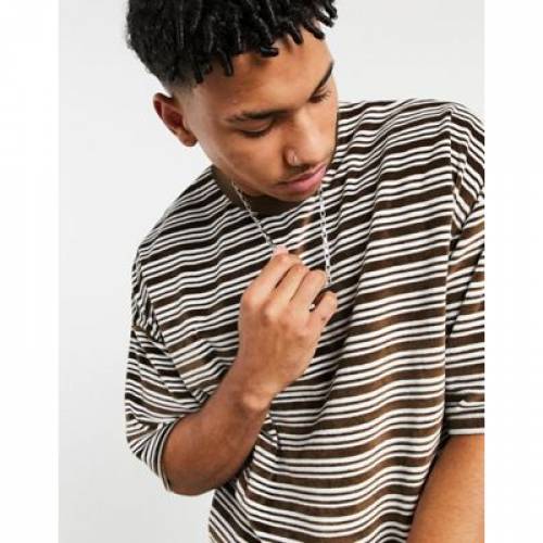 エイソス Asos Design ストライプ Tシャツ 茶色 ブラウン ベロア メンズ Stripe Asos Design Oversized Tshirt In Brown Velour Dessert Palm Sgcc Bm