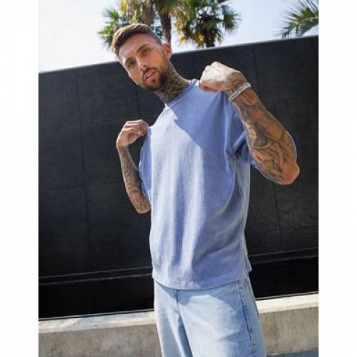 卸し売り購入 Tシャツ カットソー Oversized Design Asos Sleeve カットソー トップス メンズファッション ベロア ブルー 青色 スリーブ ハーフ Tシャツ Tshirt Velour Ribbed Blue In Half With Dolph Edu Au