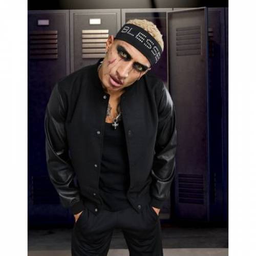 エイソス Asos Design ジャンパー 墨染め ニグロ なめし革 Asos Design Varsity Jacket In Black With Faux Leather Sleeves メンズ流行り物 オーバコート ジャケット ファッションブランド名 心安い ファッション ジャケット パーカー 冠たる Damienrice Com