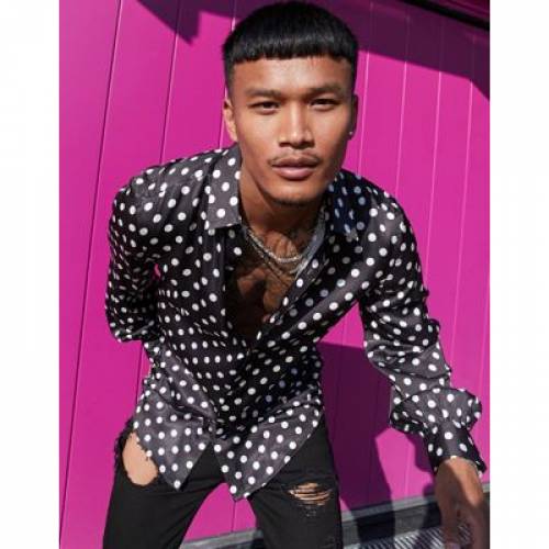 限定品 その他 Design Asos トップス メンズファッション サテンシャツ ホワイト 白色 ブラック 黒色 サテン Regular Print Dot Polka White And Black In Fit Kantivet Com Np