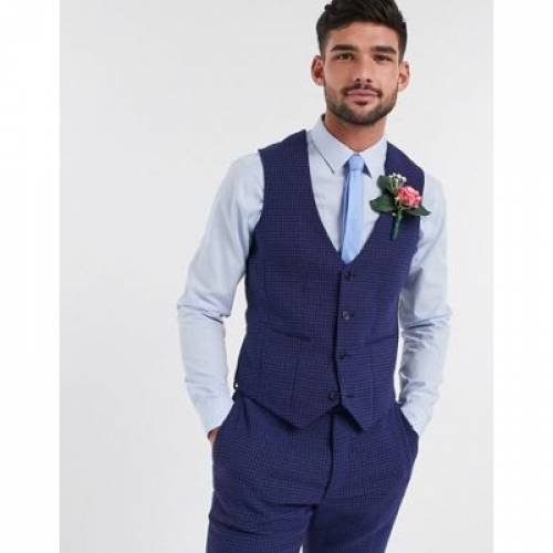 エイソス Asos Design ウェディング スキニー スーツ ベスト ジレ 青色 ブルー ミクロ メンズ Micro Asos Design Wedding Skinny Suit Waistcoat In Blue Wool Blend Houndstooth Sgcc Bm