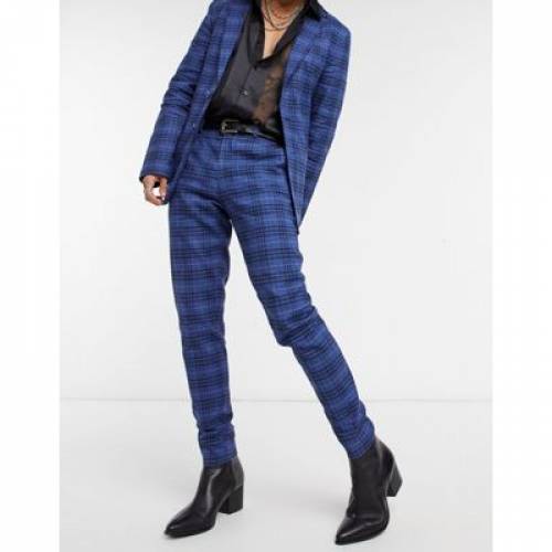 クリスマスツリー特価 ズボン パンツ スキニー Check Windowpane Blue Dark In Tailored Soft Skinny Super Design Asos パンツ ズボン メンズファッション トラウザーズ スーツパンツ ブルー 青色 スーツ Www Dgb Gov Bf