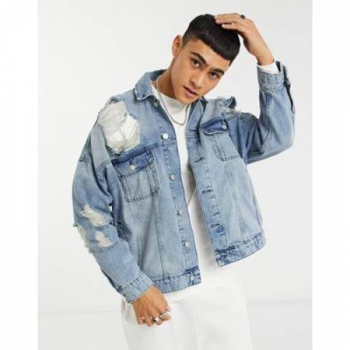 ファッションブランド カジュアル ファッション ジャケット パーカー ベスト エイソス Asos デニム Design デニム ジャケット ミッド 青色 ブルー デニムジャケット メンズ Asos Design Oversized With Rips In Mid Wash Blue コート ジャケット