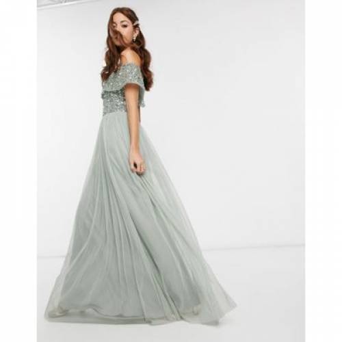 ファッションブランド カジュアル ファッション レディースファッション マヤ Maya 緑 ドレス 緑 グリーン レディース Maya Green Maya Bridesmaid Bardot Maxi Tulle Dress With Tonal Delicate Sequins In Sage Lily ドレス Southernoaksfuneralservice Com