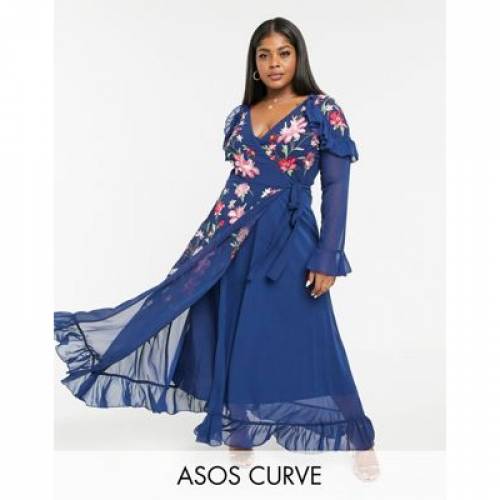 珍しい ドレス ネイビー 紺色 ドレス ラップ マキシドレス Navy In Sleeves Fluted And Pephem With Embroidered Curve Design Asos Wrap レディースファッション Dgb Gov Bf
