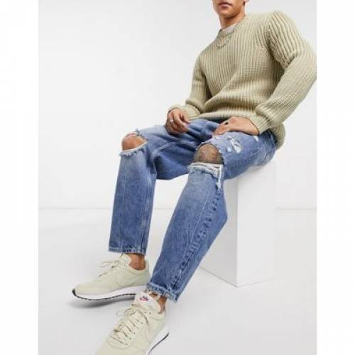 ベルシュカ Bershka デニム ミッド ブルー ブルー Bershka Loose Fit Jeans With Rips In Mid Blue Wash メンズモード ズボン ズボン下 ファッション商標 簡略 ファッション パンツ Ineldea Com