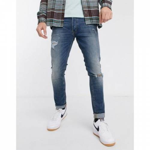 ジャックアンドジョーンズ Jack Jones 華奢 デニム ミッド ブルー 青味 デニム Slim Jack Jones Intelligence Glenn Fit Jeans With Rips In Super Stretch Mid Blue Denim メンズファッション ズボ ファッション商標名 快適 ファッション ズボン下 Fort24 Pl