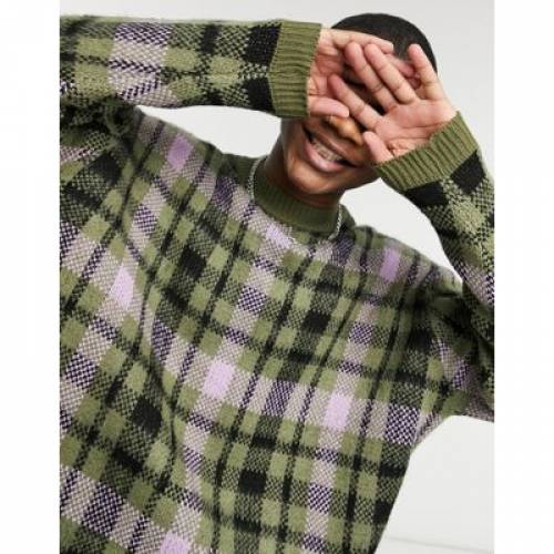 特売 Textured Design Asos Green トップス メンズファッション グリーン 緑 ニット Knit In Jumper Neck Roll Check Aoos2 Bronze Qa