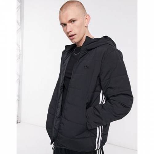 アディダス Adidas Originals アディダス オリジナルス 縞模様 パッド ジャンパー 墨ぞめ 黒人 Stripe Padded Adidas Originals Three Jacket In Black メンズ流行り物 オーバー ジャケット ファッションブランド 略式 ファッション ジャケット パーカー 限りない