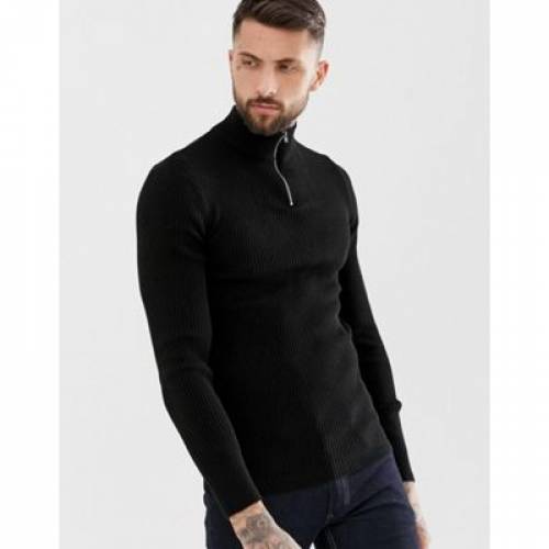 エイソス Asos Design 半 黒色 墨染め ハーフジップ Asos Design Muscle Fit Ribbed Jumper In Black メンズモード トップス ニット シャツ ファッションブランド カジュアル ファッション トップス 長袖 Damienrice Com
