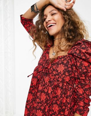 トップショップ TOPSHOP スリーブ ドレス 赤 レッド レディース 【 SLEEVE RED TOPSHOP VOLUME FLORAL MINI DRESS IN 】