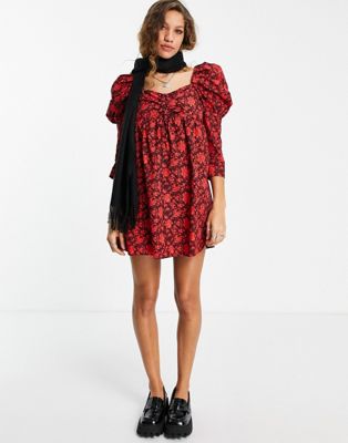 トップショップ TOPSHOP スリーブ ドレス 赤 レッド レディース 【 SLEEVE RED TOPSHOP VOLUME FLORAL MINI DRESS IN 】