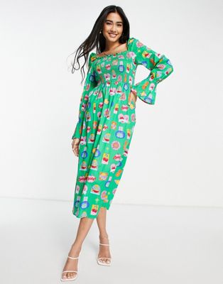 ネバーフリードレス NEVER FULLY DRESSED ドレス 緑 グリーン ミディドレス レディース 【 GREEN NEVER FULLY DRESSED FRUIT STICKER SHIRRED IN 】