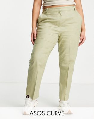 エイソス ASOS CURVE スリム オリーブ レディース 【 SLIM ASOS CURVE DESIGN LINEN SKIM CIGARETTE TROUSER IN OLIVE 】