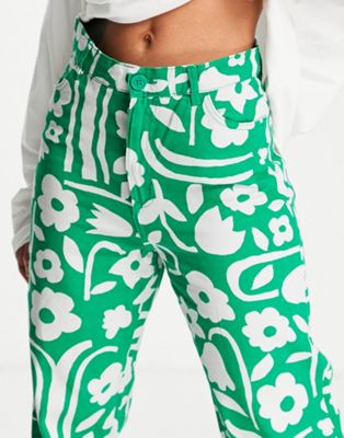 モンキ MONKI 緑 グリーン レディース 【 GREEN MONKI WIDE LEG TROUSERS IN FLOWER PRINT 】