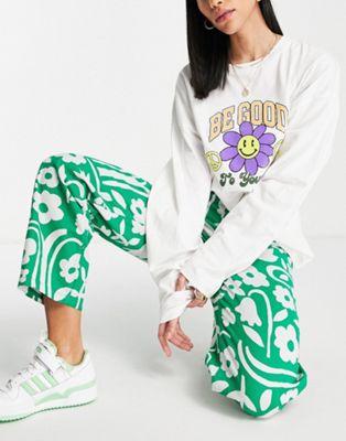 モンキ MONKI 緑 グリーン レディース 【 GREEN MONKI WIDE LEG TROUSERS IN FLOWER PRINT 】