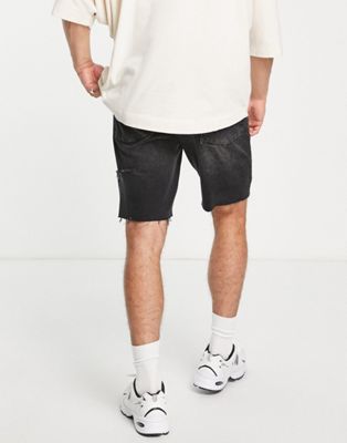エイソス ASOS DESIGN スリム デニム 黒色 ブラック メンズ 【 SLIM ASOS DESIGN DENIM SHORT WITH THIGH RIP IN WASHED BLACK 】