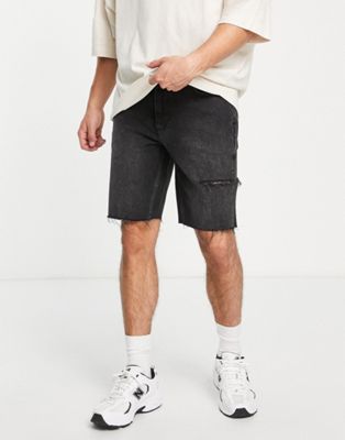エイソス ASOS DESIGN スリム デニム 黒色 ブラック メンズ 【 SLIM ASOS DESIGN DENIM SHORT WITH THIGH RIP IN WASHED BLACK 】