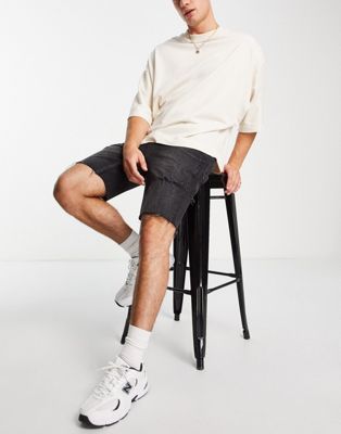 エイソス ASOS DESIGN スリム デニム 黒色 ブラック メンズ 【 SLIM ASOS DESIGN DENIM SHORT WITH THIGH RIP IN WASHED BLACK 】