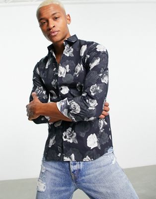 出色 ボロンガロトレヴァー Bolongaro Trevor ローズ スキニー 黒色 ブラック メンズ Rose Print Skinny Fit Shirt Black