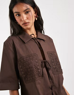 ネクタイ 茶色 ブラウン レディース OBJECT POPLIN CROCHET PATCH TIE FRONT SHIRT IN CHOCOLATE - PART OF A SET / SEAL BROWN｜スニケス