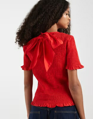 エイソス スリーブ 赤 レッド 半袖 レディース ASOS DESIGN ASOS DESIGN SHIRRED BOW DETAIL SHORT SLEEVE TOP IN RED /｜スニケス