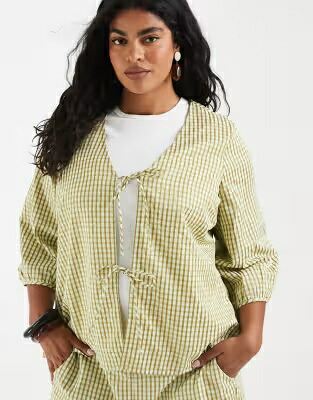 ヴェロモーダ ネクタイ 緑 グリーン レディース VERO MODA CURVE VERO MODA CURVE TIE FRONT TOP IN GREEN GINGHAM PRINT - PART OF A SET / FOG GREEN WILLOW|スニケス