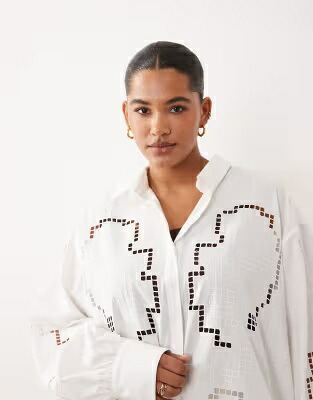 白色 ホワイト レディース ARRANGE CURVE OVERSIZED SHIRT WITH CUTWORK EMBROIDERY IN WHITE - PART OF A SET /|スニケス