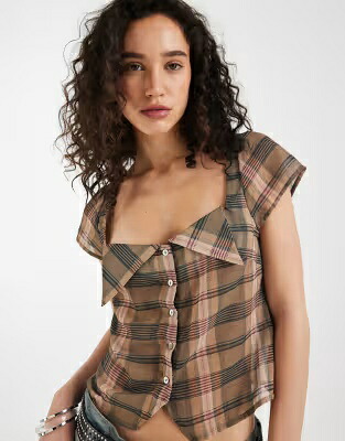 モーテル ピンク 茶色 ブラウン レディース MOTEL MERAKI SQUARE NECK BUTTON UP BLOUSE IN BLURRY PINK BROWN PLAID /｜スニケス