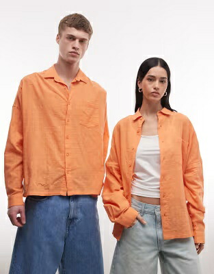 コリュージョン スリーブ 橙 オレンジ 長袖 ユニセックス COLLUSION UNISEX OVERSIZED LONG SLEEVE TEXTURED GRID PLAID SHIRT IN ORANGE /｜スニケス