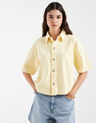 ピーシーズ デニム 黄色 イエロー デニムシャツ レディース PIECES BOXY DENIM SHIRT IN PALE YELLOW / FRENCH VANILLA｜スニケス
