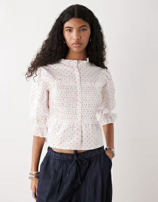 コリュージョン 白色 ホワイト レディース COLLUSION SHIRRED POLKA DOT BLOUSE IN WHITE /|スニケス