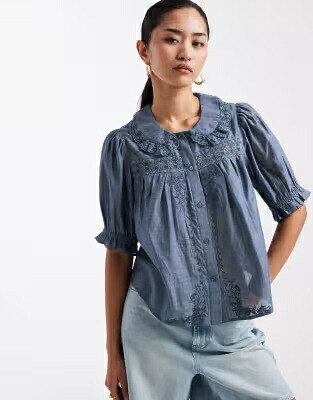 ミスセルフリッジ ミッド 青色 ブルー レディース MISS SELFRIDGE MISS SELFRIDGE CHAMBRAY PETER PAN COLLAR BLOUSE WITH LACE DETAILING IN MID WASH / BLUE WASH｜スニケス