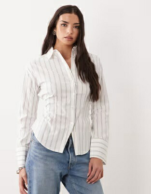 スリーブ 白色 ホワイト ストライプ 長袖 レディース GINA TRICOT GINA TRICOT CINCHED WAIST LONG SLEEVE BLOUSE IN WHITE STRIPE / WHITE STRIPE|スニケス