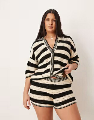 エイソス ニット ストライプ レディース ASOS CURVE ASOS DESIGN CURVE SALLY BEACH KNIT BUTTON UP TOP IN MONO STRIPE - PART OF A SET / MONO STRIPE｜スニケス