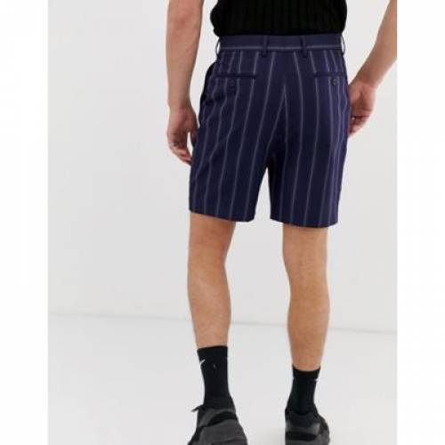 在庫限り ショーツ ハーフパンツ 紺色 ネイビー ストライプ メンズファッション ズボン パンツ Stripe Asos Design Drop Crotch Tapered Shorts In Navy With 超激安 Www Natskies Com