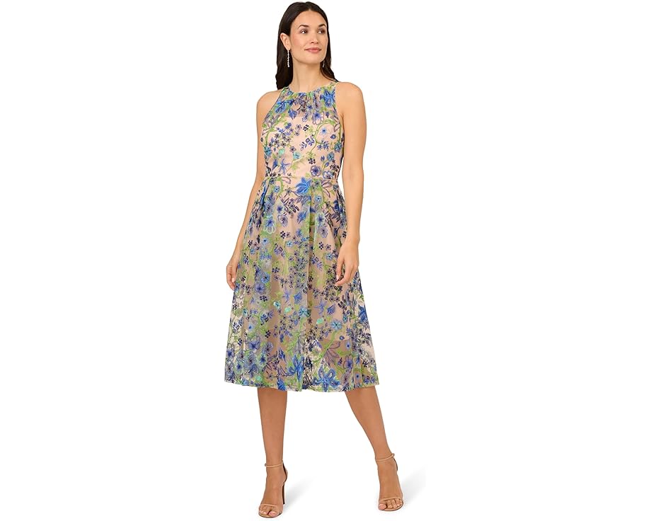 アドリアナパぺル 青色 ブルー レディース 【 ADRIANNA PAPELL EMBROIDERED FIT AND FLARE / BLUE MULTI 】 レディースファッション ドレス