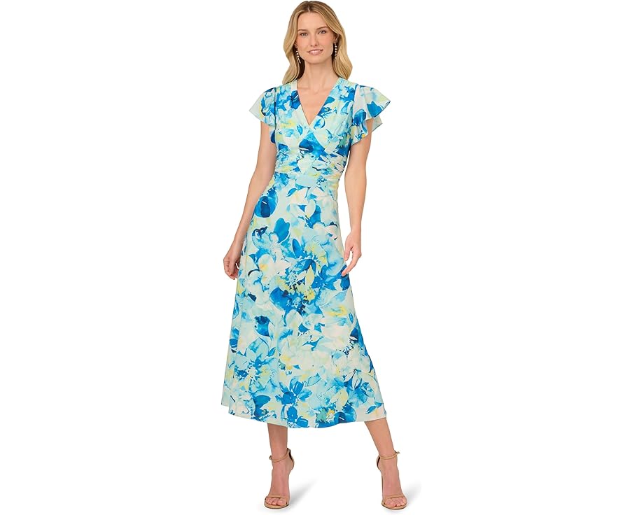 アドリアナパぺル ドレス 青色 ブルー レディース 【 ADRIANNA PAPELL PRINTED FLUTTER ANKLE DRESS / BLUE MULTI 】 レディースファッション|スニケス